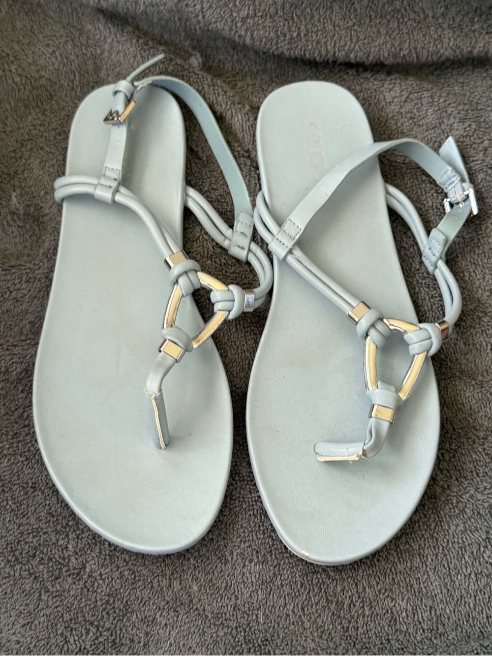 Women’s Light Blue T-Strap Sandals with Gold Accents